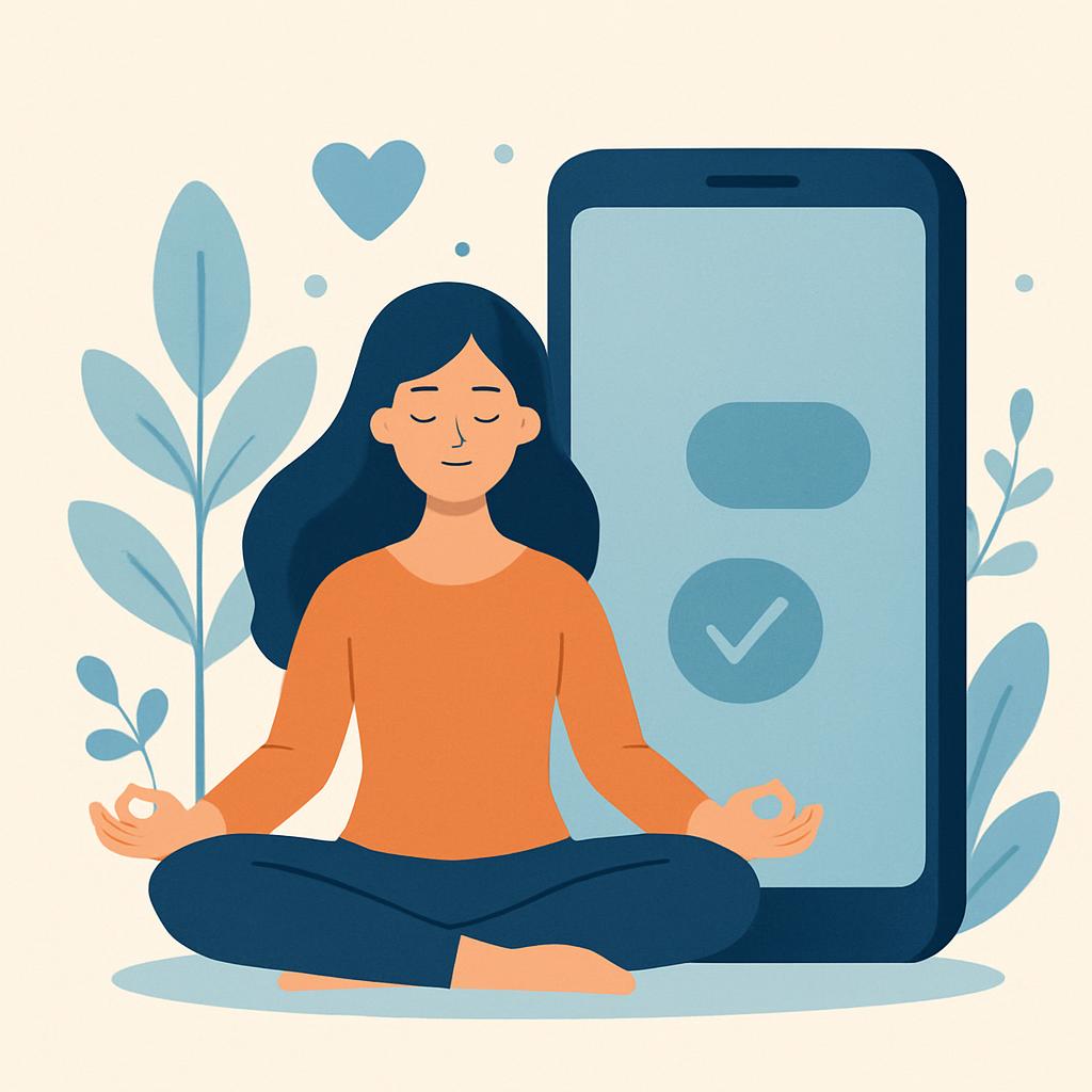 A woman with dark blue hair and an orange shirt sits in a yoga pose in front of a large smartphone with a checkmark on the...