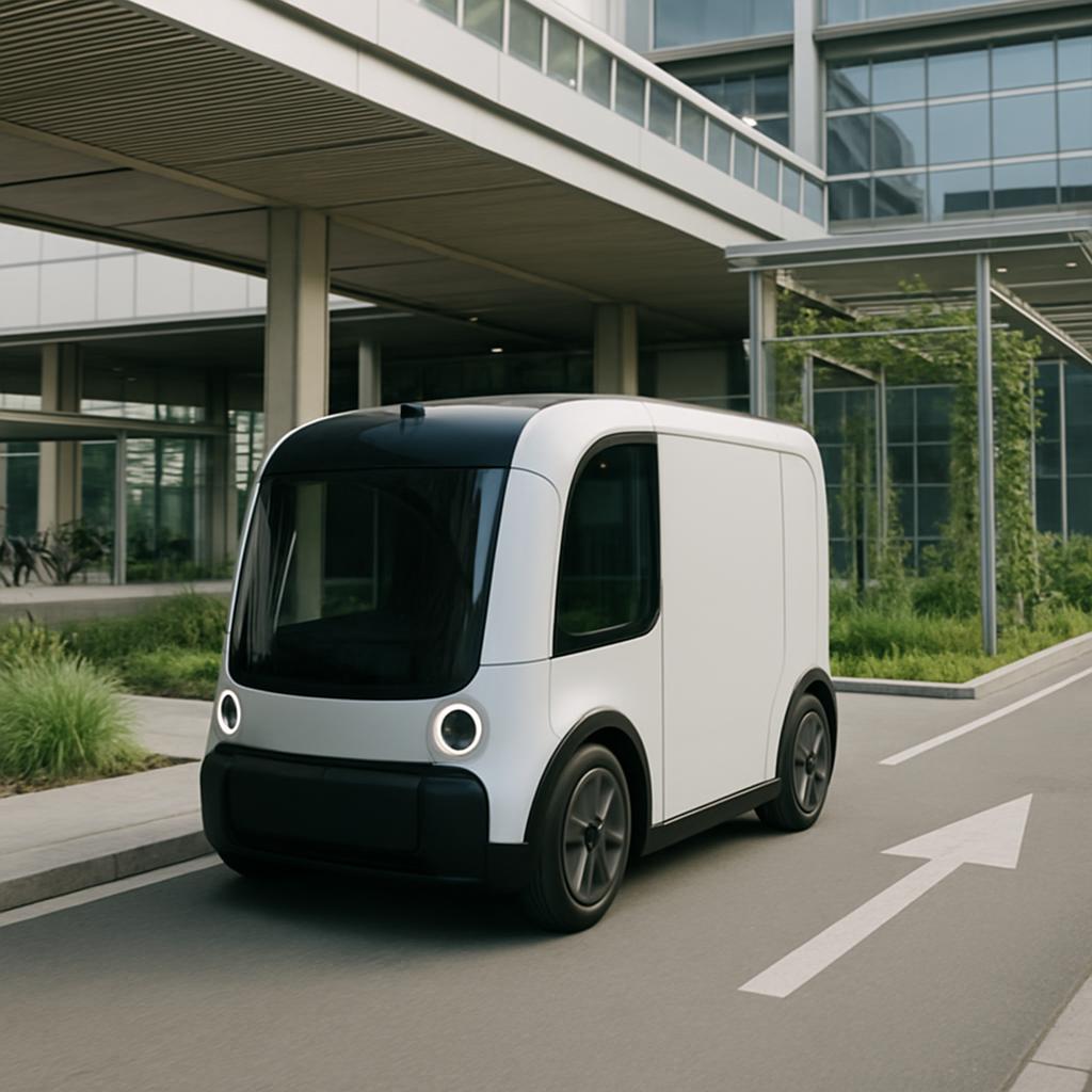 A white compact delivery car is parked on the street in front of a modern urban building.