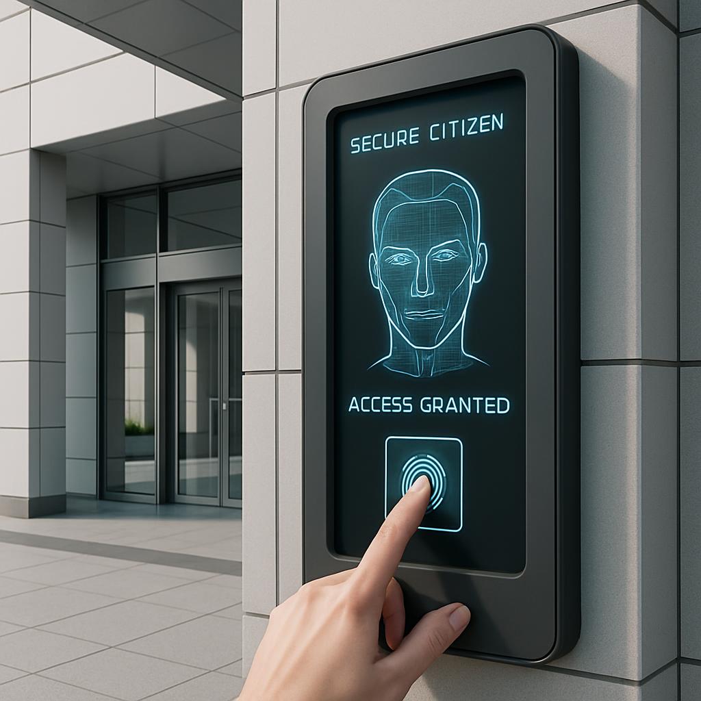 The alt text for the image is: A person's index finger is scanning into a high-tech secure citizen access control system.