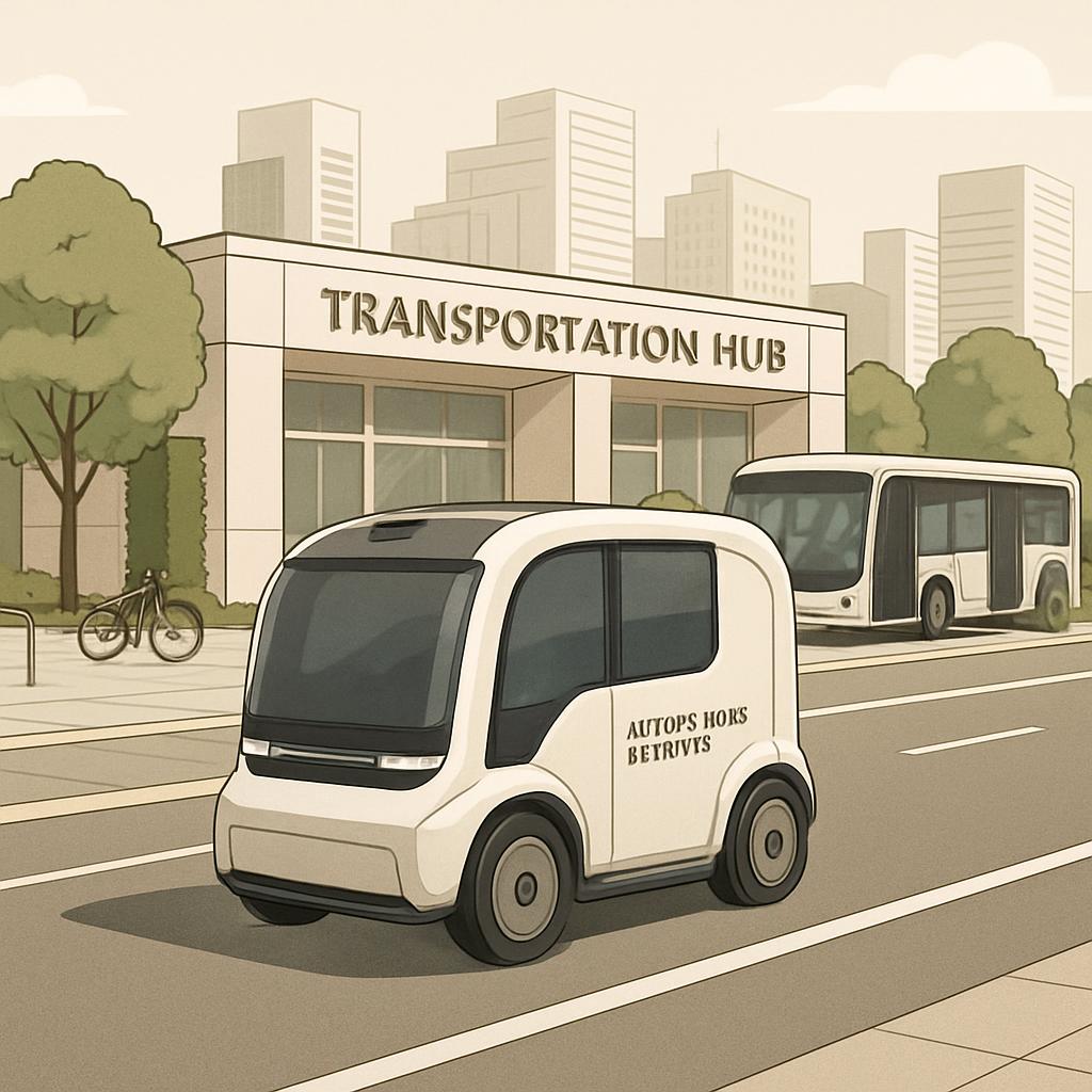 A smart car on a city street in front of a transportation hub, with a bus and other vehicles in the background. The car is...