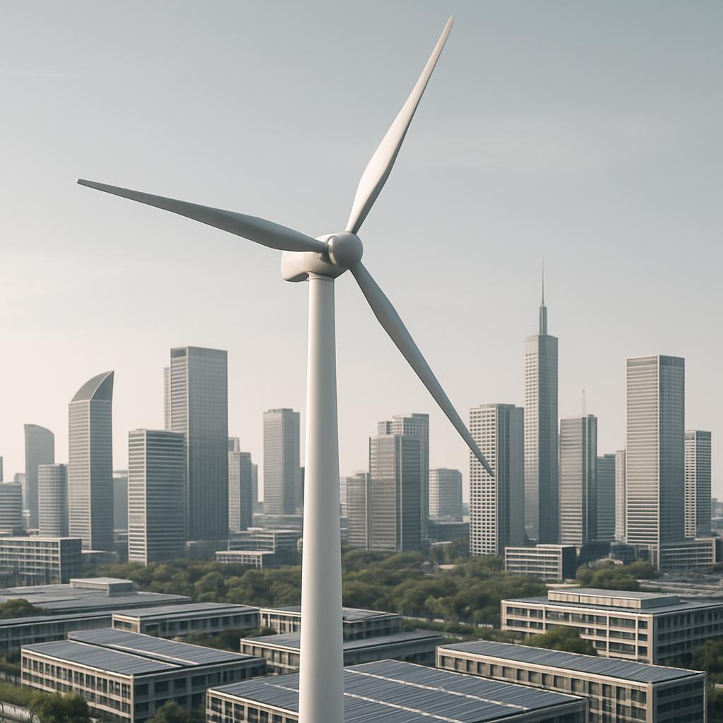 The image depicts a windmill situated amongst a sprawling urban landscape.